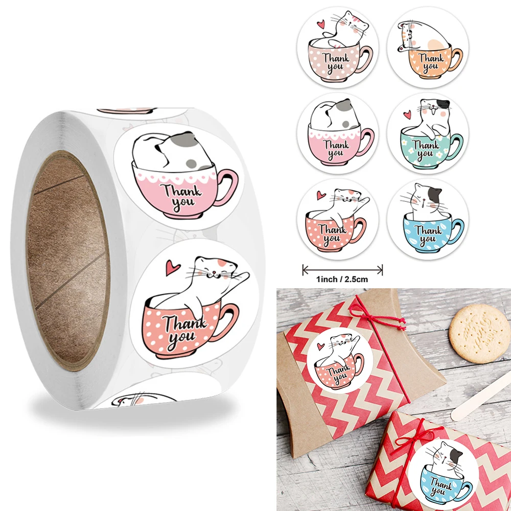 

500pcs/roll 2.5cm Kawaii Cat Thank You Stickers Gift Sealing Tag Decorations Greeting Card Labels Stationery Stickers