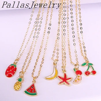 

10Pcs Mini Fashion Colorful Enamel watermelon fruits pineapple Pendant Necklace Golden Jewelry Charm Necklaces For Women Girl