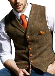 Mens Suit Vest Notched Plaid Wool Herringbone Tweed Waistcoat Casual Formal Business Groomman for Wedding Green/Black/Green/Grey