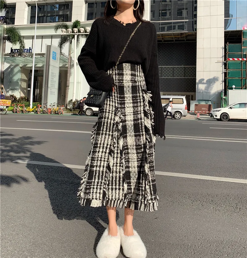skirt suits Новые модные трикотажные костюмы Для женщин стильные потертые подол укороченный Свитера, пуловеры+ Винтаж с бахромой плед Высокая талия юбка костюм комплект - Цвет: skirt suits