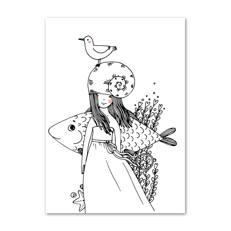 

Fish Conch Girl Wall Art Canvas Painting Cartoon Line Nordic Posters And Prints Black White Wall Pictures For Living Room Decor