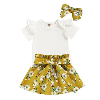 

3pcs Newborn Set One Year Birthday Baby Girls Clothes Sets Solid Color Tops Yellow Skirts Baby Set +Hairbands