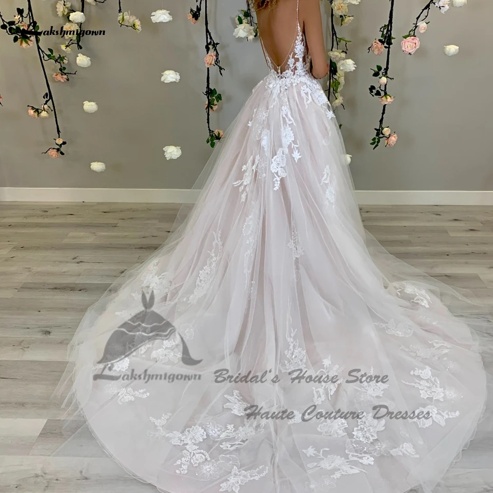 wedding dresses Sexy Women Boho Beach Wedding Dress V neck 2022 Glitter Lace Bodice Chic Robe Bridal A Line Tulle Wedding Dresses Open Back lace wedding dress