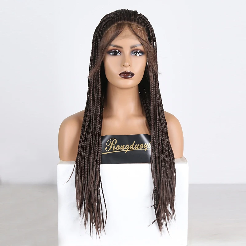RONGDUOYI, длинные темно-коричневые термостойкие волокнистые волосы, синтетический парик на кружеве, плетеные косички, косплей, кружевные парики для женщин