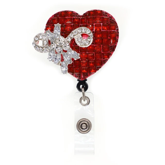 New Red And Blue Rhinestone Bow Heart Shape Retractable ID Badge Holder  Nurse Badge Reel - AliExpress