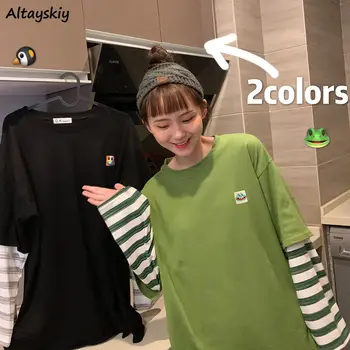 

Long Sleeve T-shirts Women Fake Two Pieces Patchwork Simple Ulzzang Lovely Casual Womens Students Korean Style Trendy BF Stylish
