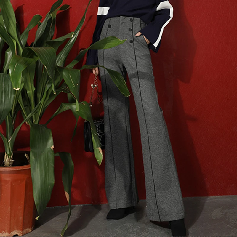 TWOTWINSTYLE элегантные брюки для женщин с высокой талией двубортный карман широкие брюки женские Модные осенние новая одежда - Цвет: Gray