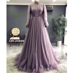 Elegant Lilac A Lime Evening Dresses Beads High Neck Long Sleeve Formal Gown Sweep Train Robes De Caftan Abaya Dubai