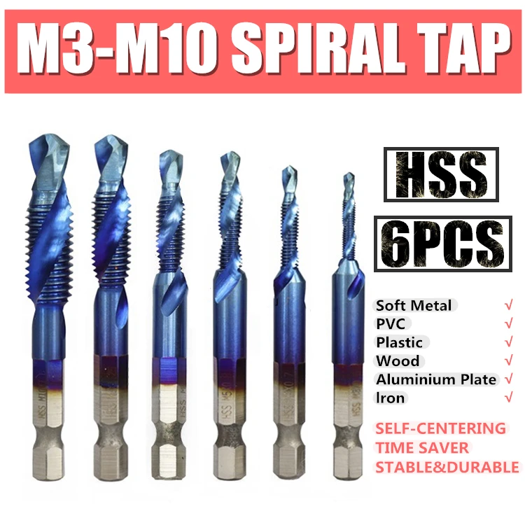 1pc/6pcs Hex Shanks Titanium Plated Screw Thread Drill Bits Compound Tap M3-M10 