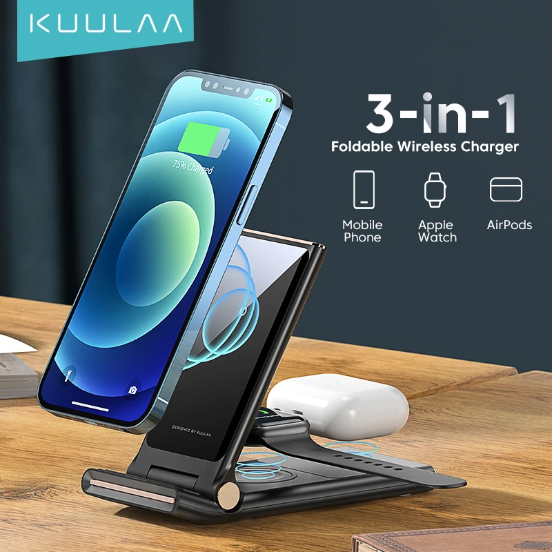 

KUULAA Qi Wireless Charger 3 in 1 Portable Foldable Charging Station For iPhone 13 12 11 Pro MAX XR X 8 Apple Watch Airpods Pro