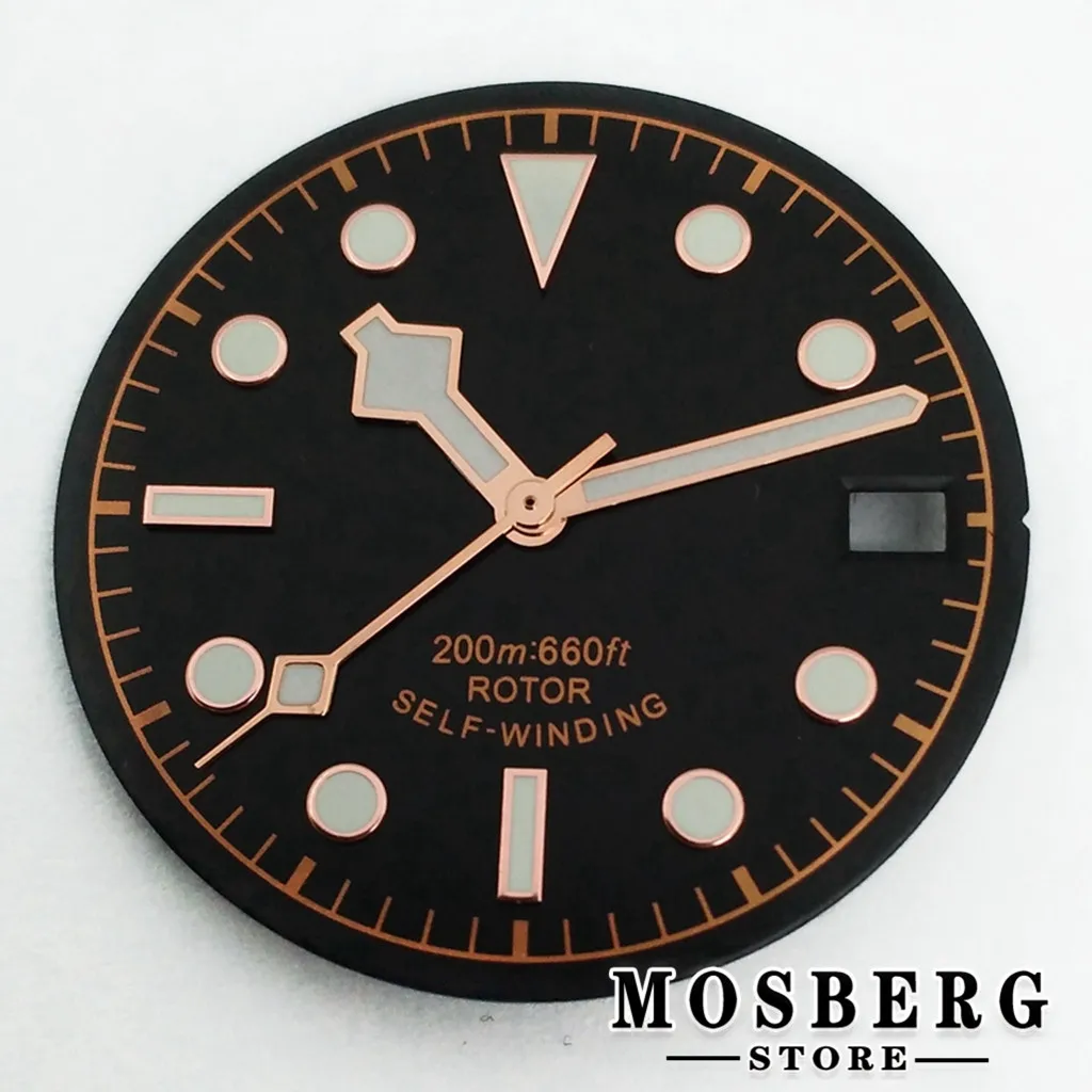 Sterile Luminous Black and Green Watch Dial with Date Window and Hands - 28.5mm