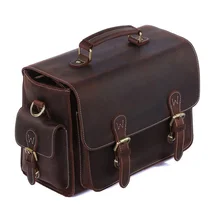 Men crazy horse genuine leather camera bag for Nikon for Canon multi pocket big capacity camera case Brown cowhide travel bag