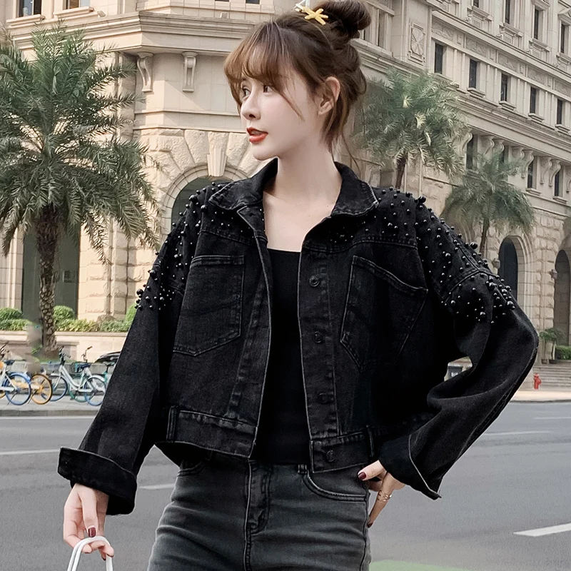 Black short denim jacket female spring 