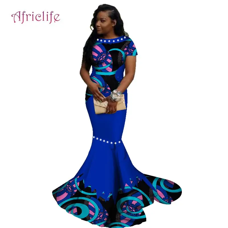 Африканские длинные платья для женщин, Африканский воск, цветочный принт, платье Базен Riche, одежда, традиционный жемчуг, дизайнерская одежда WY2608 - Цвет: 1