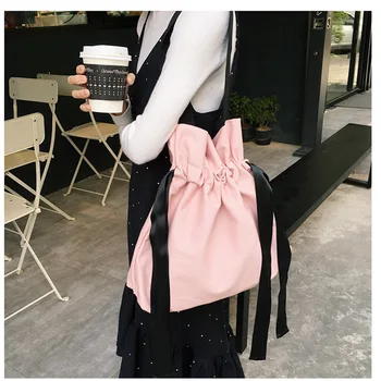 

Drawstring Canvas Women Shoulder Bag Fashion Solid Casual Tote Ladies Shopping Bags Girls Student Draw Handbags 2020