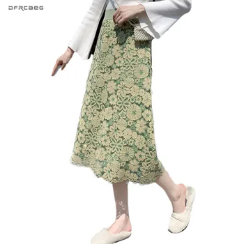 

Elastic Waist Lace Knitted Long Skirt Women Autumn Winter Both Wear Elegant Knitting Skirts Casual Female Saia Longas