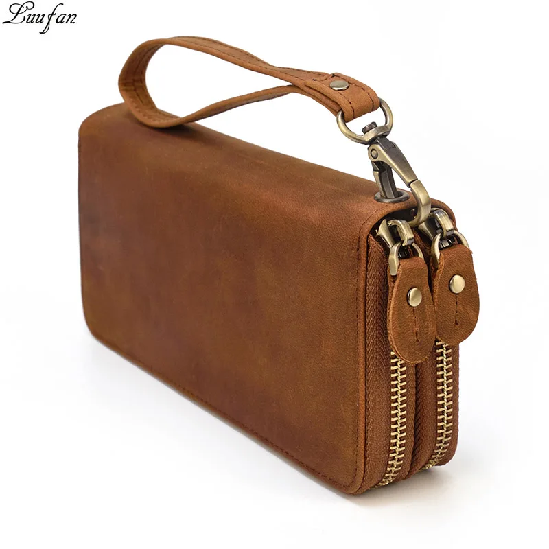 Double zipper(brown) Винтажный Мужской двойной длинный кошелек на молнии crazy horse, держатель для карт из натуральной кожи, на молнии, клатч, кошелек, сумочка с кармашками для телефона - Цвет: Double zipper(brown)