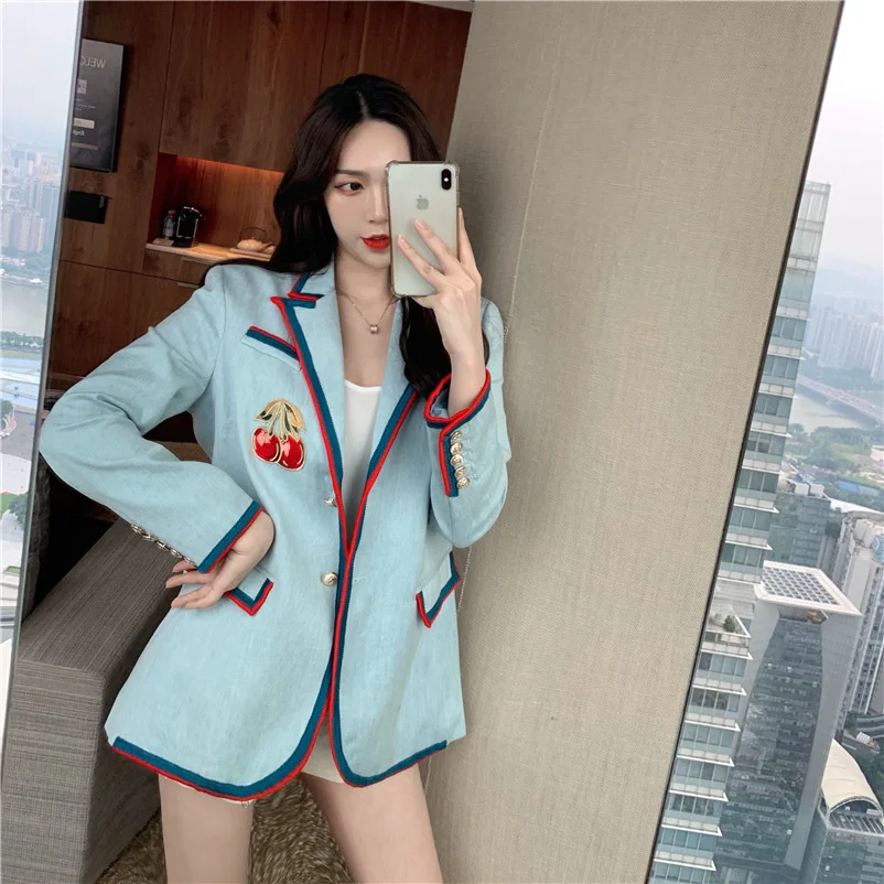 

Hit Slim Fit Embroidered Color Edge Small Suit Coat Women's Long-Sleeve V-neck Versatile Online Celebrity Single Breasted Autumn