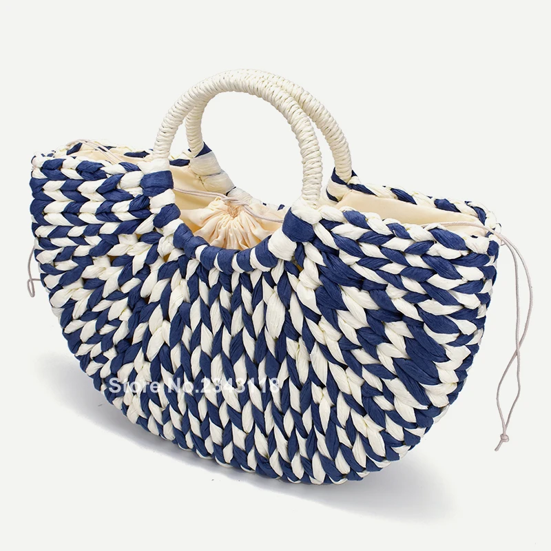 

New Women round bucket semicircle straw bag handmade net color woven basket rattan handbag