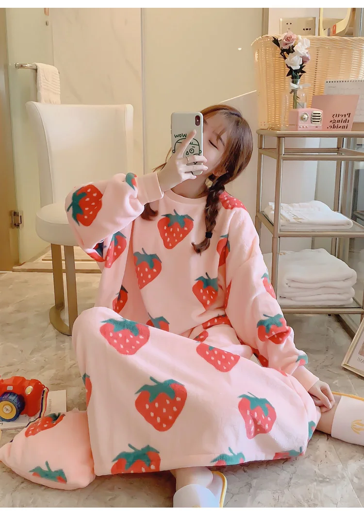Caiyier/ зимняя фланелевая пеньюар с длинными рукавами, симпатичная одежда для сна с принтом, плотное мягкое Ночное платье с круглым вырезом и сумкой для приема, ночная рубашка