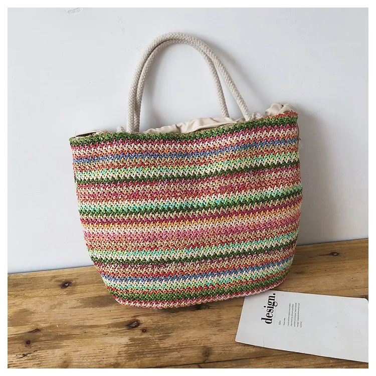 Соломенная тканая сумка с бантом, пляжная сумка для отдыха, тканая сумка на одно плечо контрастного цвета, женская сумка