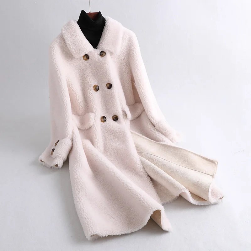 Winter Teddy Parka Genuine Sheep Wool Mid Long Jackets Women Double Breasted Office Lady Fur Coats Loose Outerwear Fur Clothing - Цвет: white