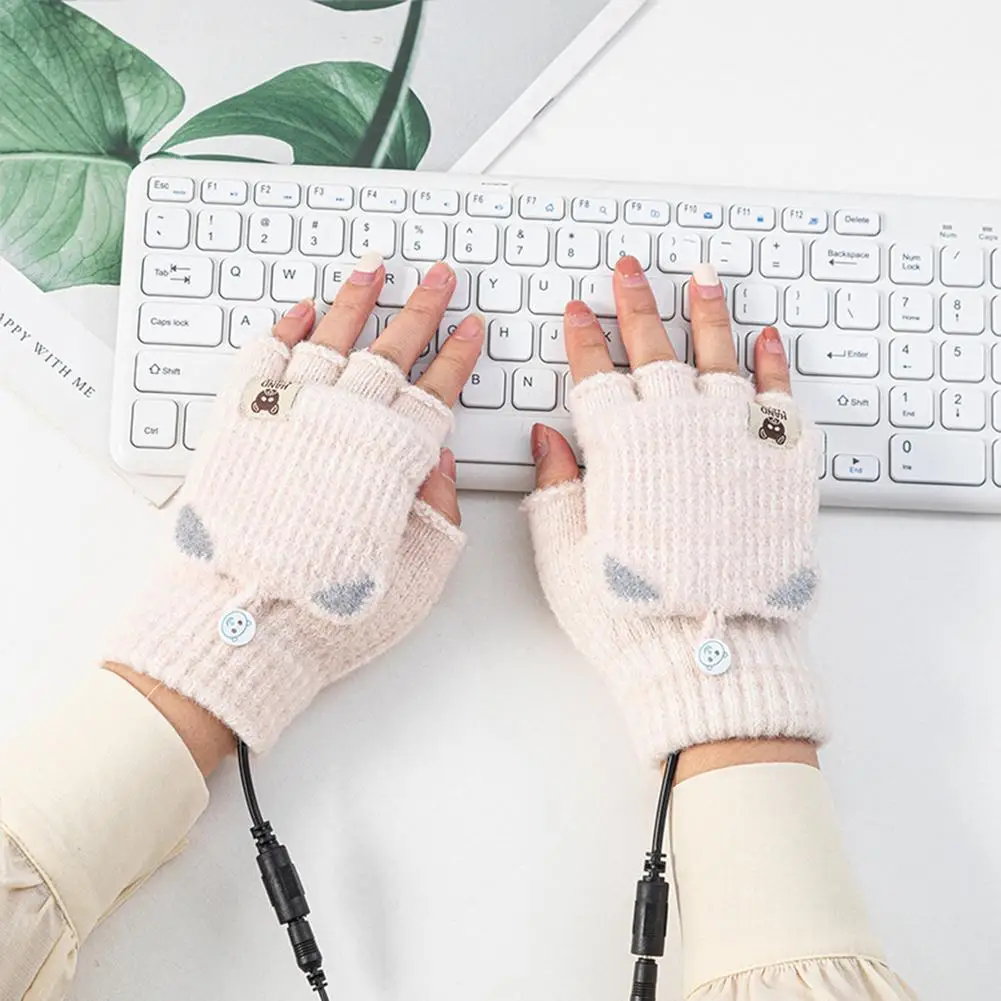 winter Electric heating gloves female style USB charging heating half-finger clamshell woolen knitted cartoon online warm gloves