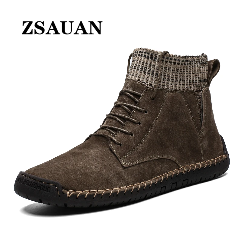 

ZSAUAN Spring / Fall Men Leather Boots Round Toe Gray Color Male Casual Boots Breathable Flat Casual Desert Shoes