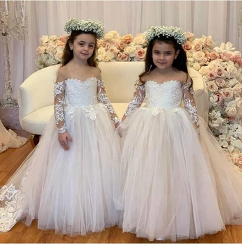 

Long Sleeve Illusion Puffy Lace Lovely Flower Girl Dresses For Weddings Graduation Gowns Children Gala Jurken