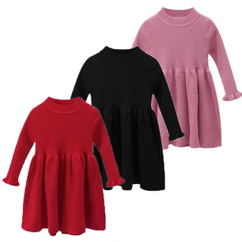

Spring Autumn New Arrival Baby Clothes Pretty Princesses Dresses Long Sleeve Pure Color Knit Kid Party Dress Girls Costume,1PC