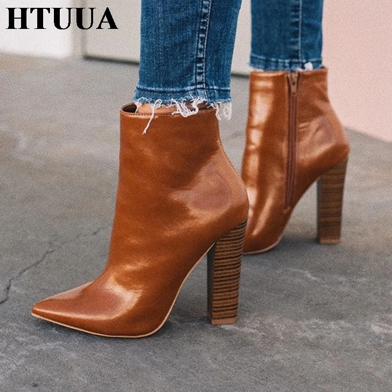 

HTUUA 35-42 Plus Size Women's PU Leather Boots Autumn Winter Pointed Toe Side Zipper High Heels Ankle Boots For Women SX3242