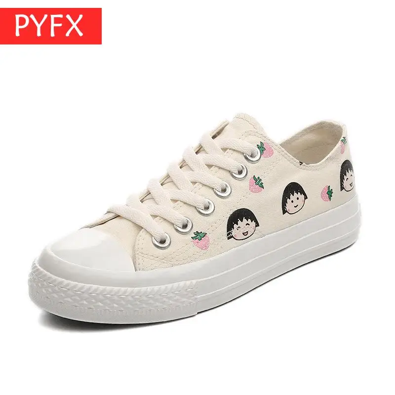 

2019 small fresh cute Chibi Maruko-chan ins hand-painted pattern Korean high help low two white Women's flat casual canvas shoes