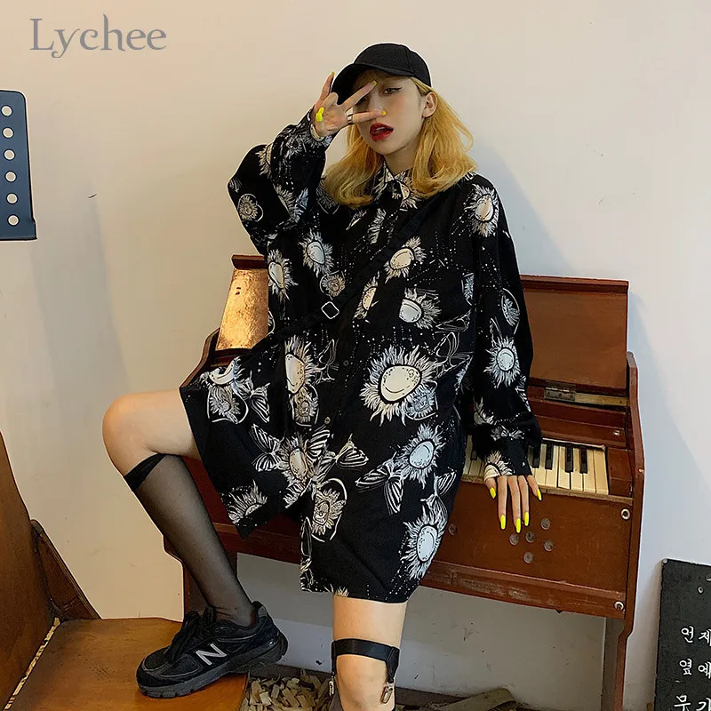 Lychee Harajuku темная мультяшная женская рубашка с принтом от солнца блузка
