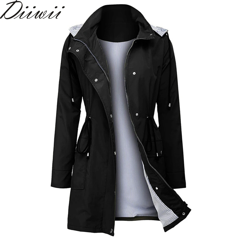 DiiWii Women Lady Coat Waterproof Solid Color Feminina Hooded Autumn Trench Long Sleeve Femme Outwear
