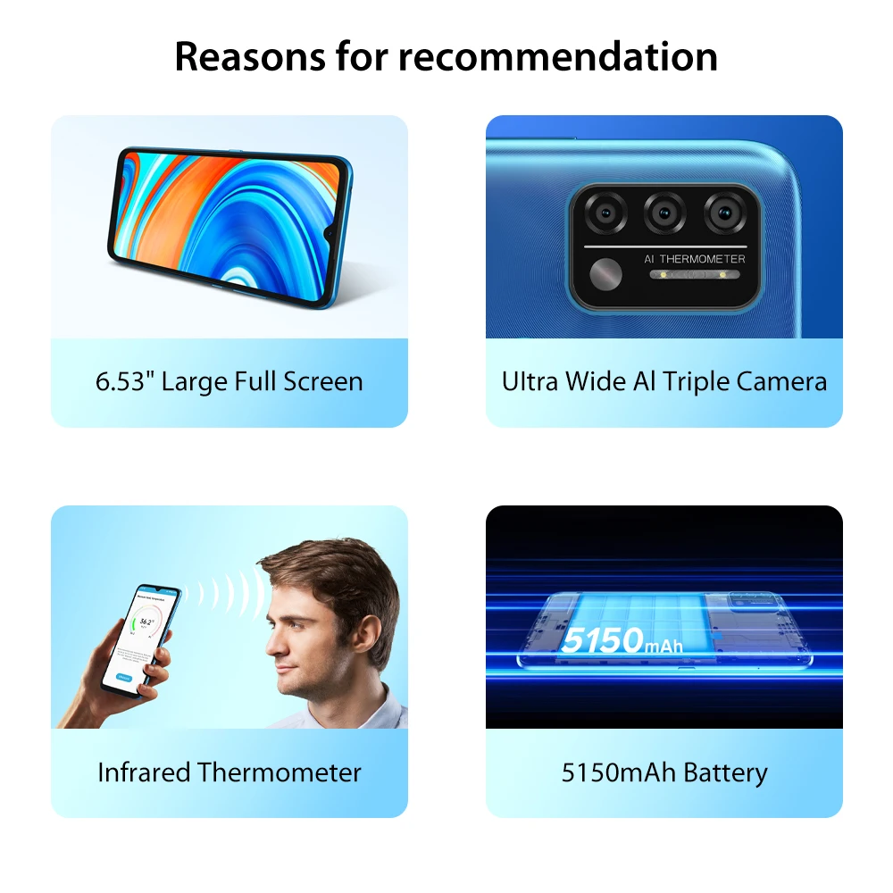 In Stock UMIDIGI A9 Smartphone Android 11 Global Version 13MP AI Triple Camera Helio G25 Octa Core 6.53