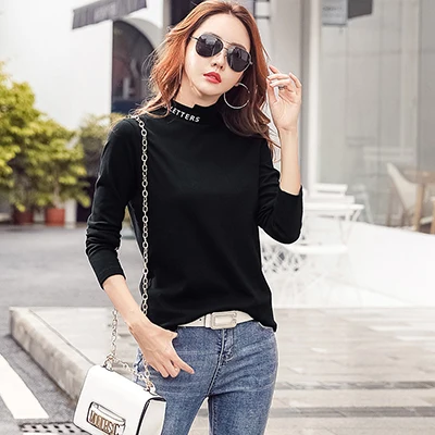black t shirt Женская рубашка с длинным рукавом и буквенным принтом, корейский стиль, водолазка, зимние женские топы, осенняя одежда, футболка для женщин, футболка для женщин - Цвет: black t shirt