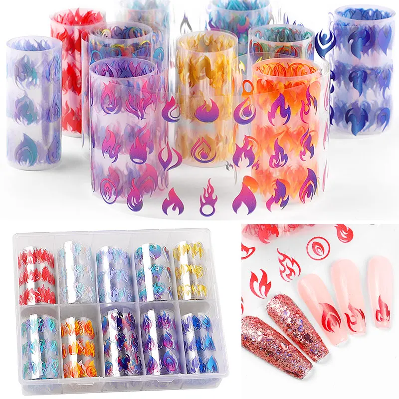 

10 Rolls Flame Design Nail Art Stickers Holographic Fire Patterns Transfer Nail Foil Slide Nail Decals Manicure Decorations Set