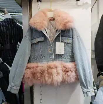 pink Новое зимнее женское джинсовое пальто с хлопковой подкладкой из лисьего меха в стиле пэчворк корейские свободные джинсовые куртки размера плюс w2022 - Цвет: pink