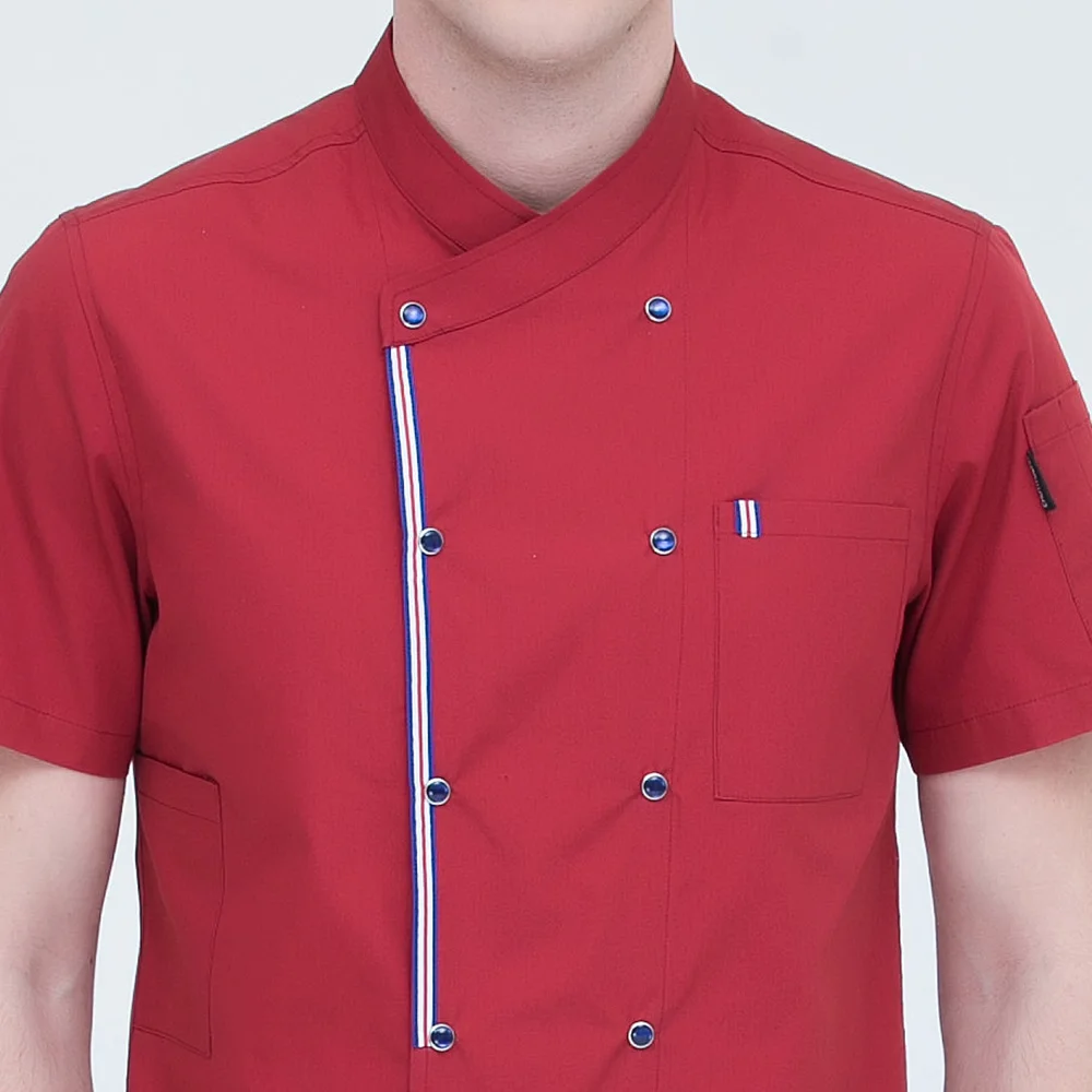 Unisex Casual Soft Chef Jackets Short Sleeve Oblique Collar Double Breasted Kitchen Catering Restaurant Food Serive Work Uniform