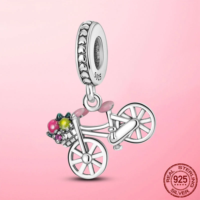Hot Sale 925 Silver Crystal Flower Bike Bicycle Dangle Charm Pendant fit Original Brand Bracelet Beads Jewelry | Украшения и