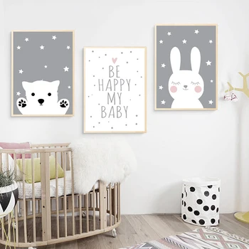 

Baby Nursery Wall Art Print Cartoon Rabbit Bear Painting Nordic Kids Decoration Picture Retro Poster Kraft paper poster