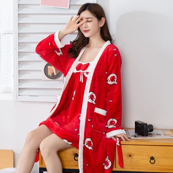 

2019Women Sling Warm Flannel Sleepwear Winter 2 Peices Nightwear for Women Long Sleeves Breathable Sexy Robe Homewear SleepDress