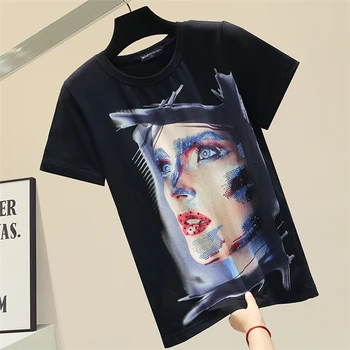 

Women's Tshirt Printing Rhinestones Cotton Black White T-shirt Female Ins New Korean T-shirts Ladies Tops Tee