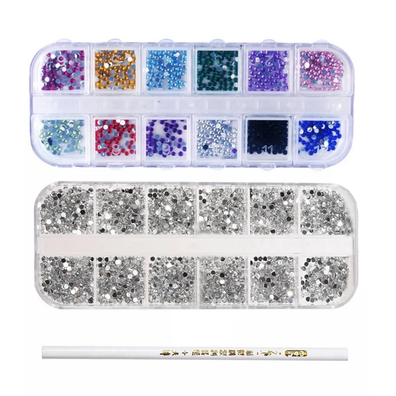 1200Pcs Nail Art Rhinestones & 3000Pcs 3D Acrylic 2Mm Gems Studs Decoration Kit + Pen |