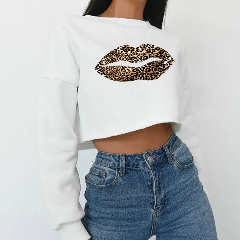 Women Hoodies Sweatshirt Cotton Sexy Cropped Top Hoodie Jumper Long Sleeve Sweatshirt Cute Leopard Print Hoodie Crop Top Mujer