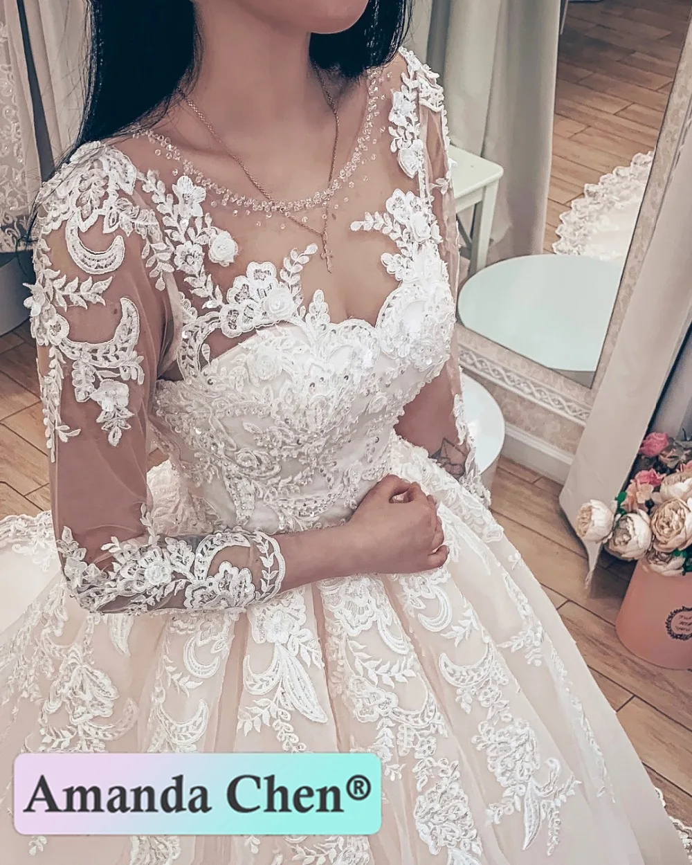 Trouwjurk кружева длинные рукав с накладной аппликацией свадебное платье