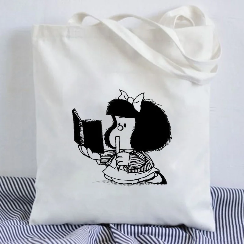 Kawaii Shopping Bag Mafalda Cute Anime Harajuku Canvas Bag Tote Bag Lady Handbag Large Capacity Shopper Bag Casual Shoulder Bag