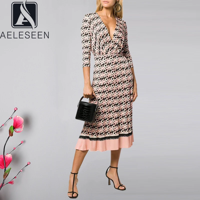 

AELESEEN Vintage Letters Print Dress Women's 3/4 Sleeve Spring Autumn Party Midi V-Neck Belt Pleated Ladies Runway Fashion Dress