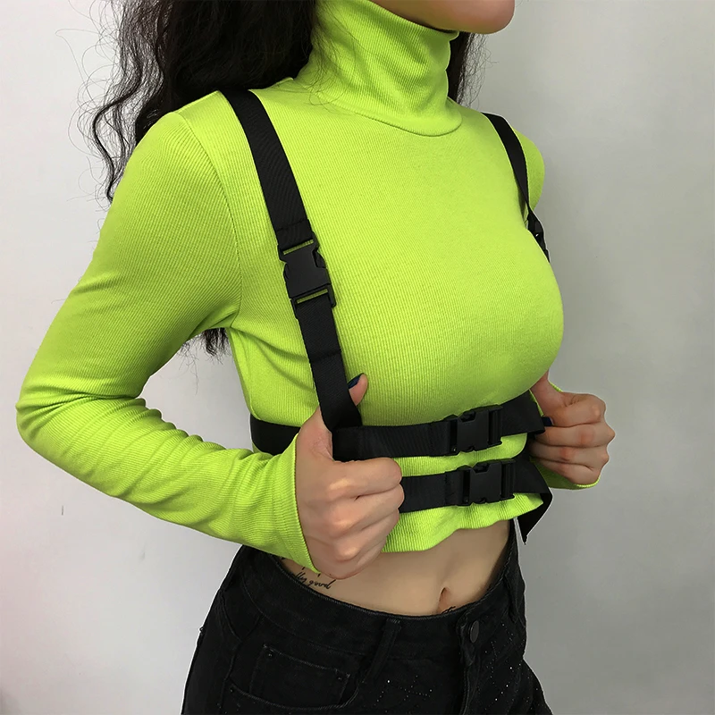 Price Sweetown Neon Color Autumn Tshirt Patchwork Buckle Safari Style T Shirts Women Knitted Turtleneck Long Sleeve Crop Top Tee Shirt