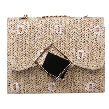 

2020 New Female Woven Bag Korean Style Shoulder Bag Designer Bag Chain Bag Fashion Flower Diagonal Beach Bag